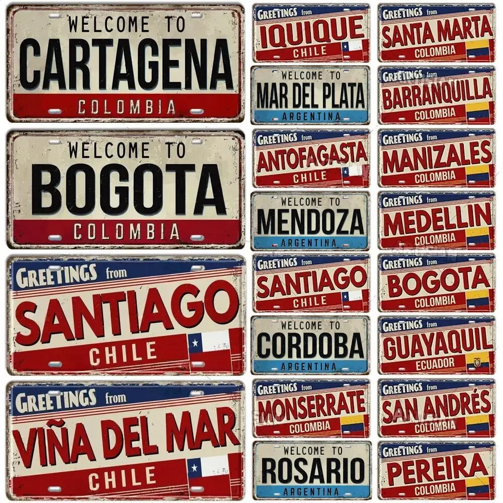 Chile Argentina Ecuador Colombia License Plate Landmark Metal Sign City State Decorative Car Plate Garage Club Bar Wall Decor