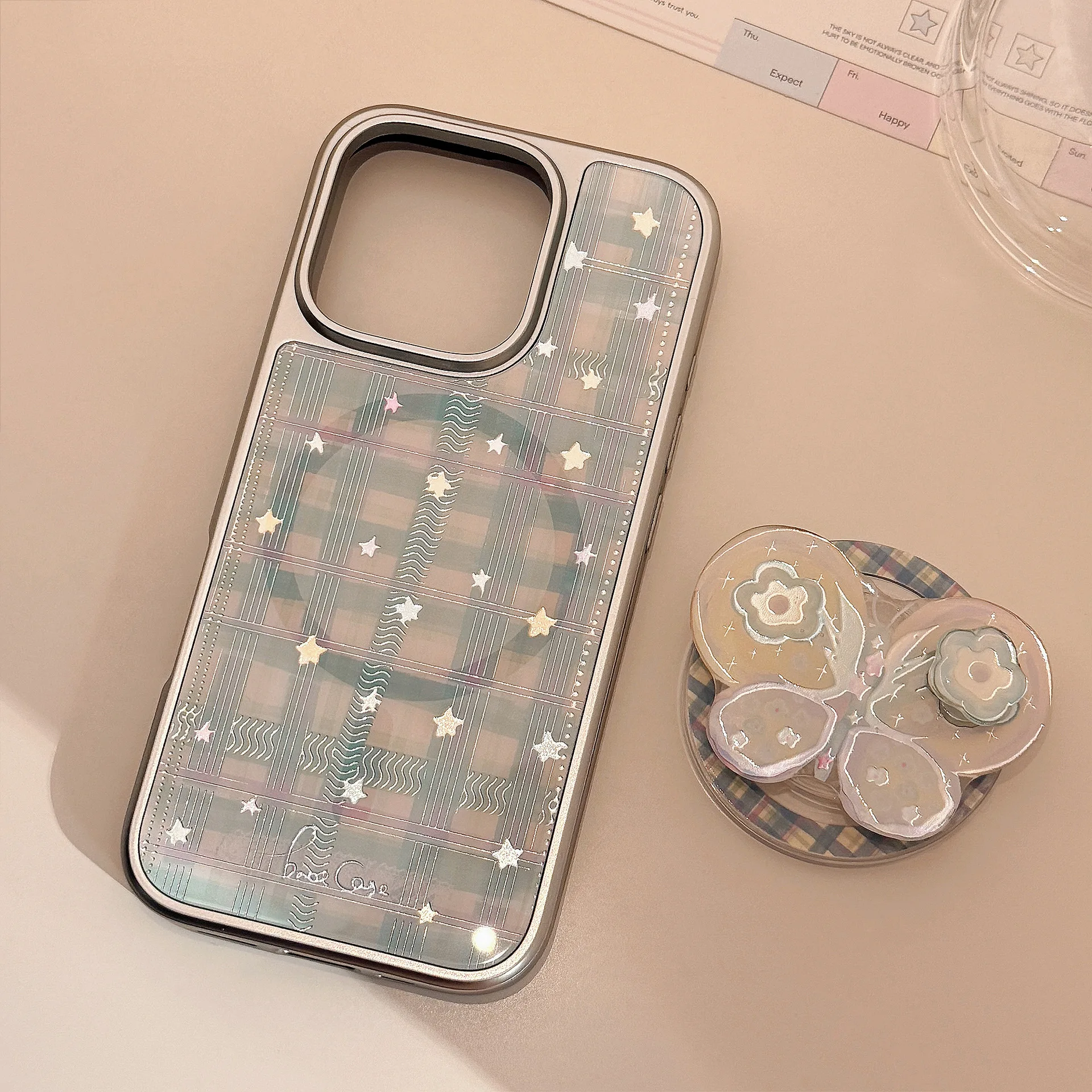 Koreanische Plaid Sterne Drehen Schmetterling Magnetische Halterung Telefon Fall Für iPhone 17 16 15 14 13 12 Pro Max stoßfest Schutzhülle