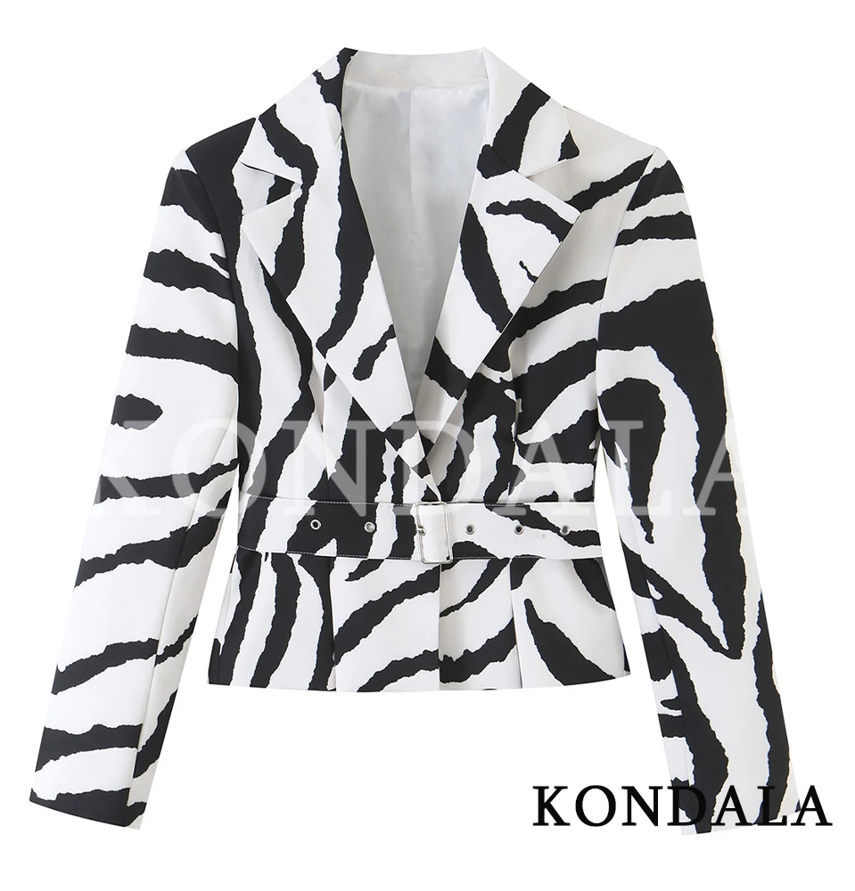 KONDALA Women Trendy Zebra Blazer with Belt Elegant High Street Short Blazer New 2026 Early Fall Fashion Dating Holiday Blazer