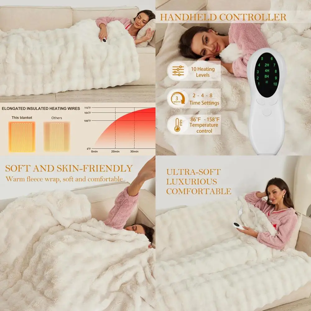 

Electric Rabbit Fur-Like Throw Blanket 51x63 - 5 Heat Levels, Timer, Digital Display, Washable Plush Heated Cover (White)