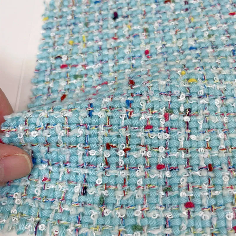 

Light Blue Sequin Tweed Fabric With Colorful Sequin Luxury Boucle Textured Cloth For Jacket Coat Dress DIY Sewing Material