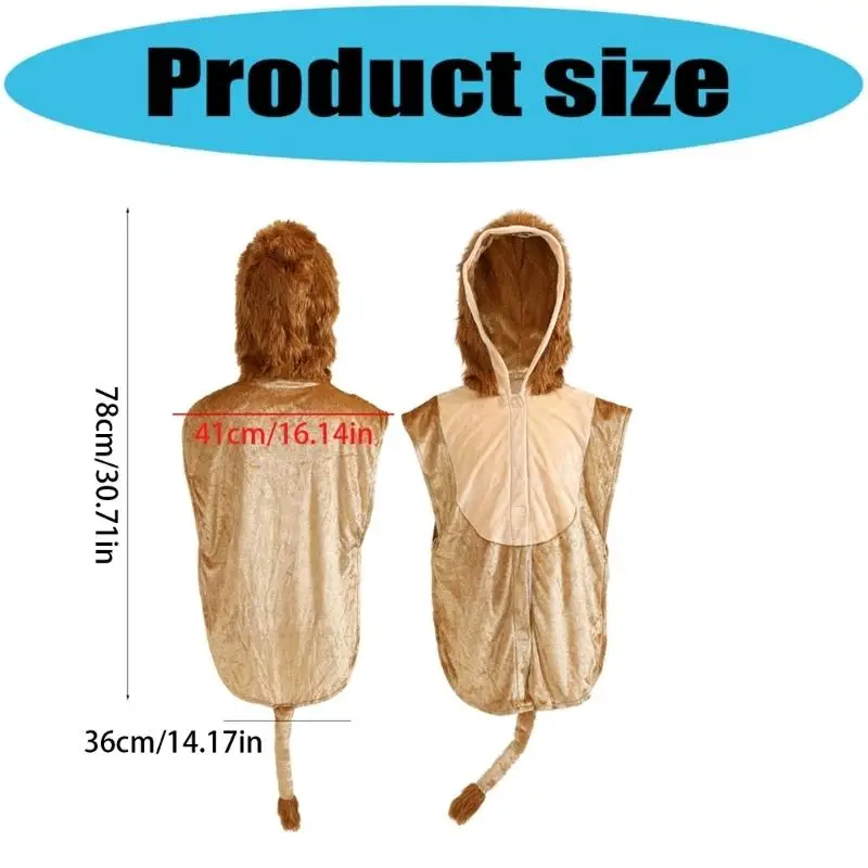 39BD Löwenohren Stirnband Schwanz Kapuzenanzug Tierlöwen Cosplay Kostüm für Halloween Geburtstagsfeier Bühnenauftritte