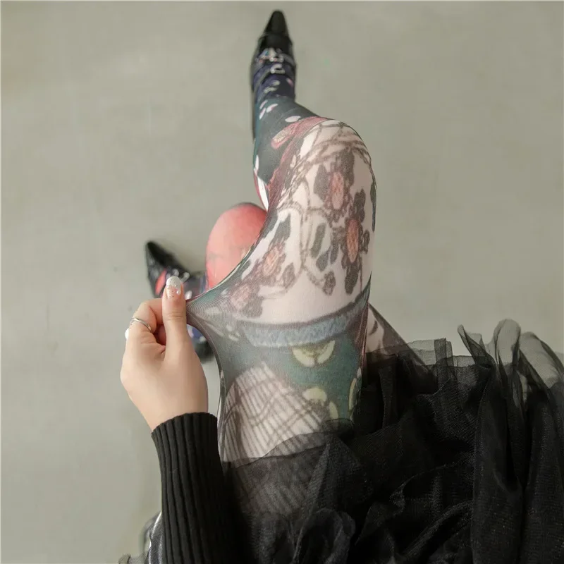 2024 Women\'s Graffiti Printed Tights Butterfly Lattice Seamless Pantyhose Female Sexy Stretch Long Socks High Waist Stockings