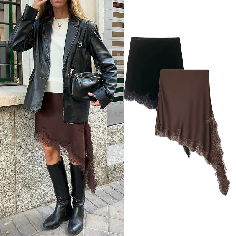 Sólido rendas retalhos midi saia feminina elegante cintura cinched meados de comprimento irregular inferior senhora 2026 festa diária saias de rua novo