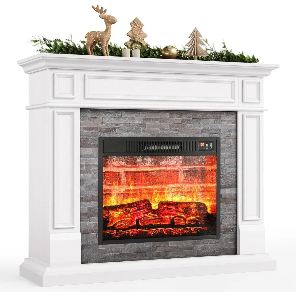 44 Freestanding Electric Fireplace with Mantel, Tall Heater, Realistic Stone Surround, Remote Control