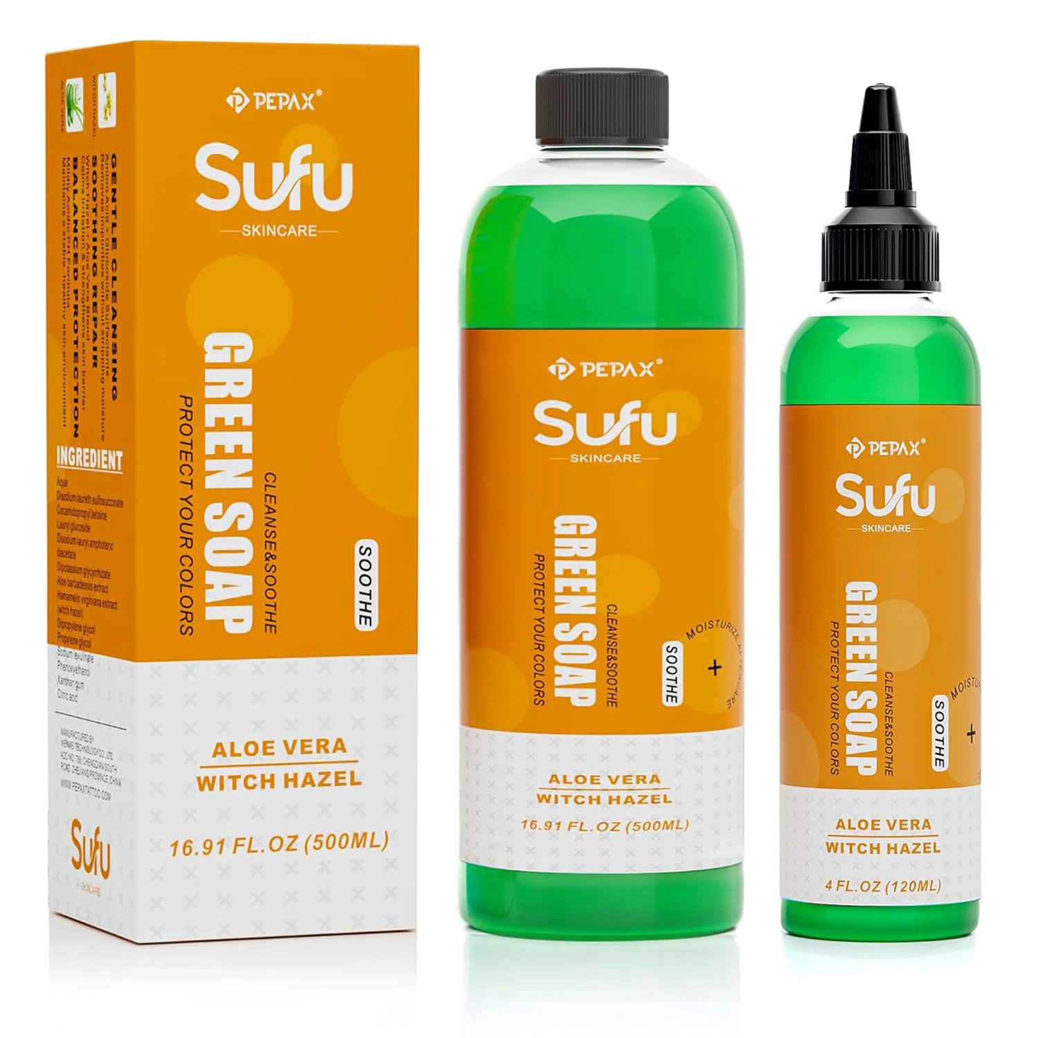 

PEPAX SuFu Tattoo Green Soap Cleaning Solution: Жидкое мыло-пена для очистки татуировок с зелеными водорослями, аксессуары для тату, 120/500 мл