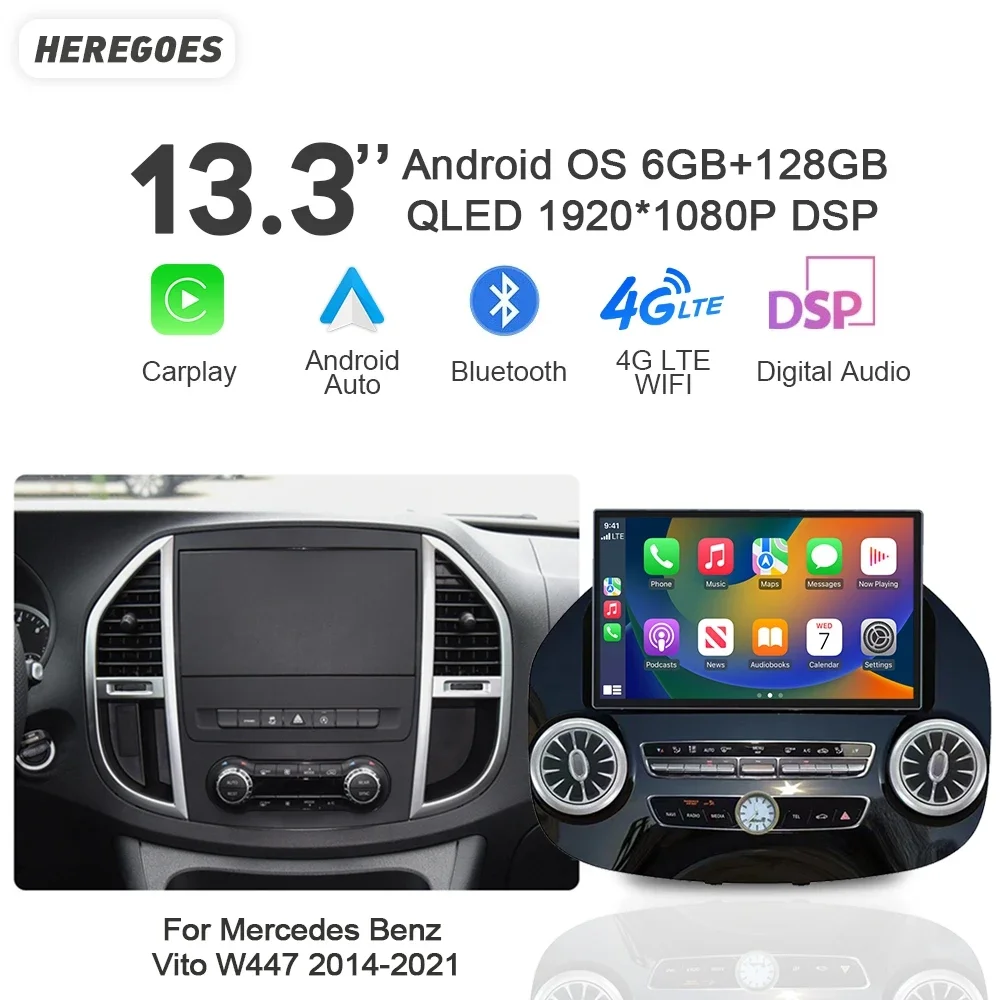 

13.3" QLED Auto Android 10 6G+128GB Car Radio Navigation GPS Player Carplay Bluetooth Wifi For Mercedes Benz Vito W447 2014-2021