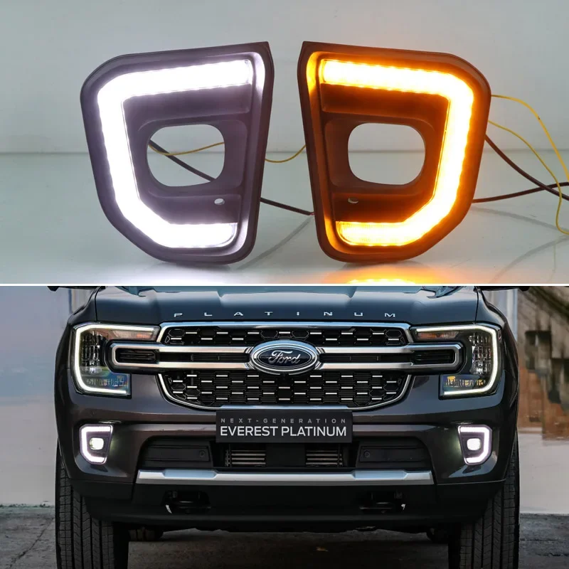 

Car Daytime Running Lights For Ford Everest 2022 2023 12V LED Daylights Yellow Turn Signal DRL Auto Stylish Fog Lamp