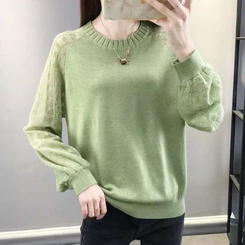 Women\'s Clothing Autumn Winter Round Neck Solid Color Pullover Sweater Knitted Lantern Long Sleeve Casual Elegant Korean Tops