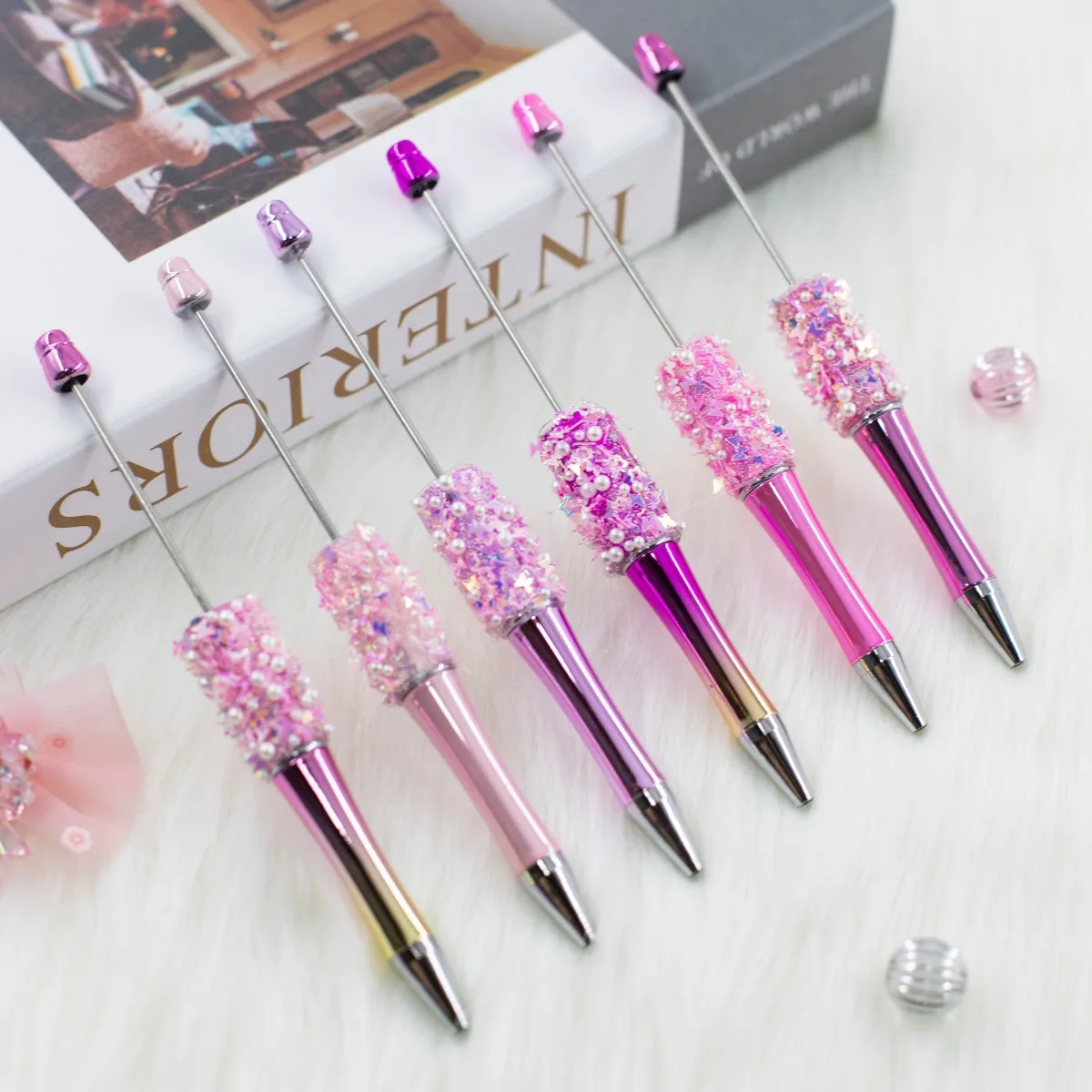 10Pcs DIY Glitter Electroplating Beaded Pen Handmade Multi-color Beadable Ballpoint Pen Student Signature Pen Wholesale Office