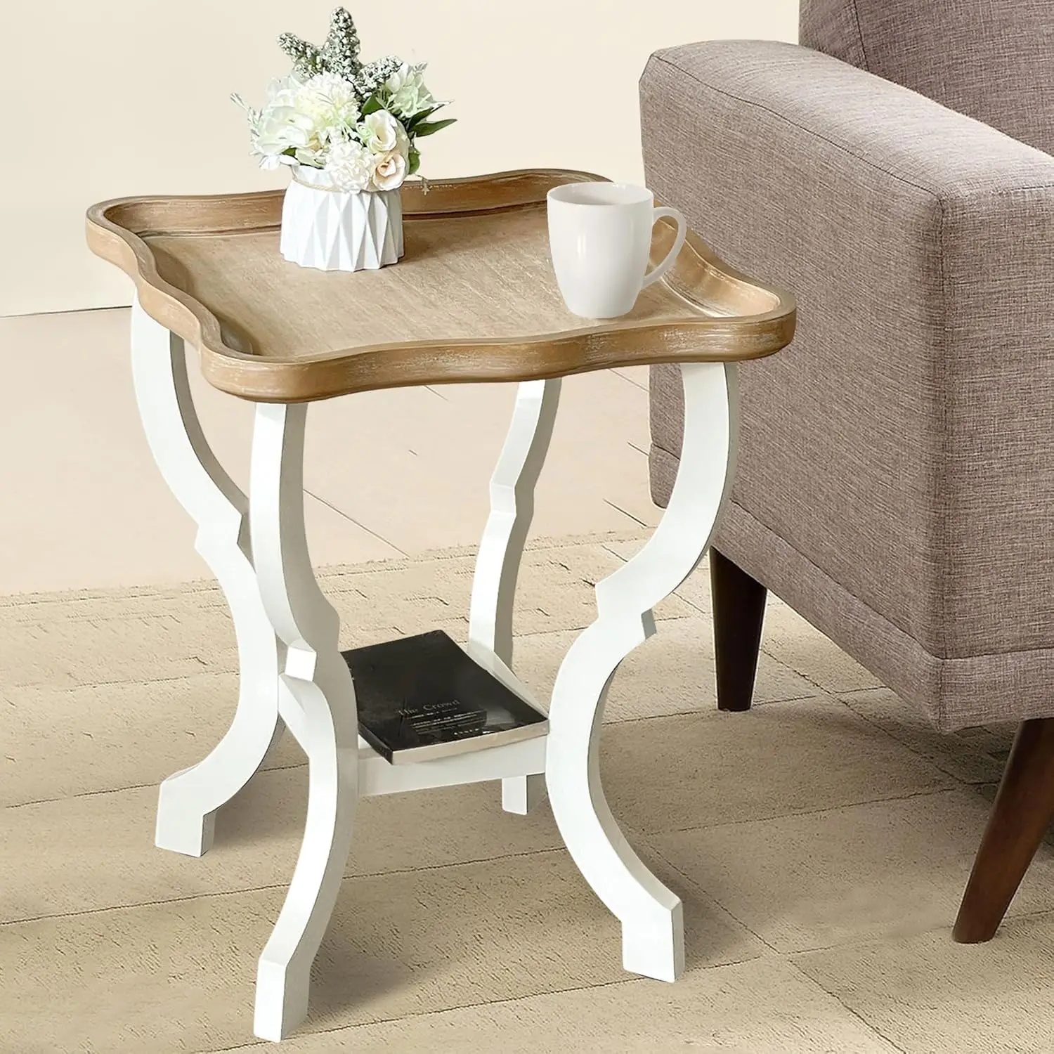 Farmhouse End Table, Wood Square Side Table, 2 Tiers Accent Table For Family, Living Room Or Small Spaces, Concave Legs, White