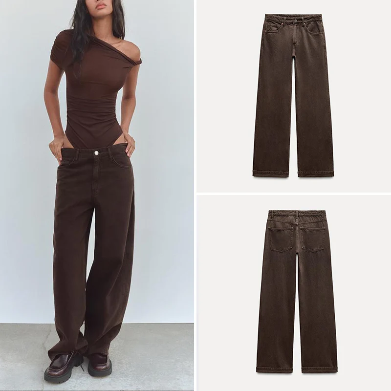 여성용 하이웨이스트 루즈핏 코튼 데님 롱 팬츠 2024 겨울 다용도 캐주얼 바지 편안하고 통기성 좋음