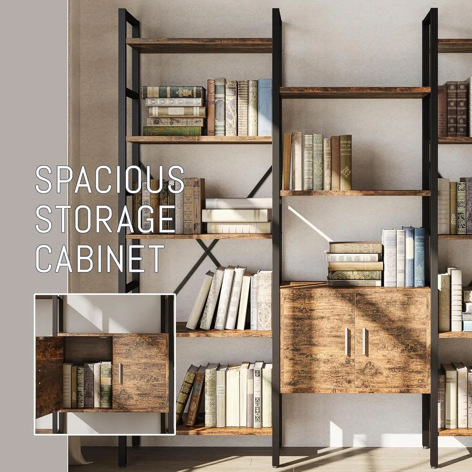 رف كتب ثلاثي من 5 طبقات مقاس 70 × 70 بوصة خزانة كتب صناعية كبيرة مع خزانة تخزين رف كتب طويل مع 14 أرفف عرض مفتوحة معدنية
