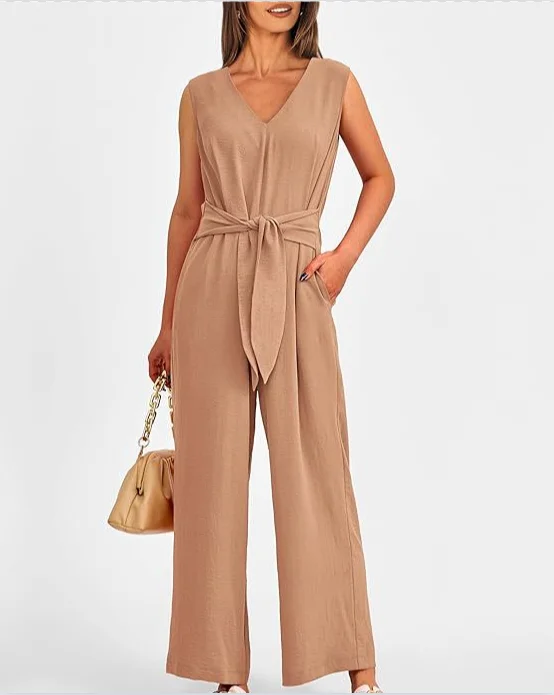 Women's Fashionable and Elegant Style Solid Color Women's Clothing Elegant V-neck Wide Leg Jumpsuit Sleeveless Jumpsuit