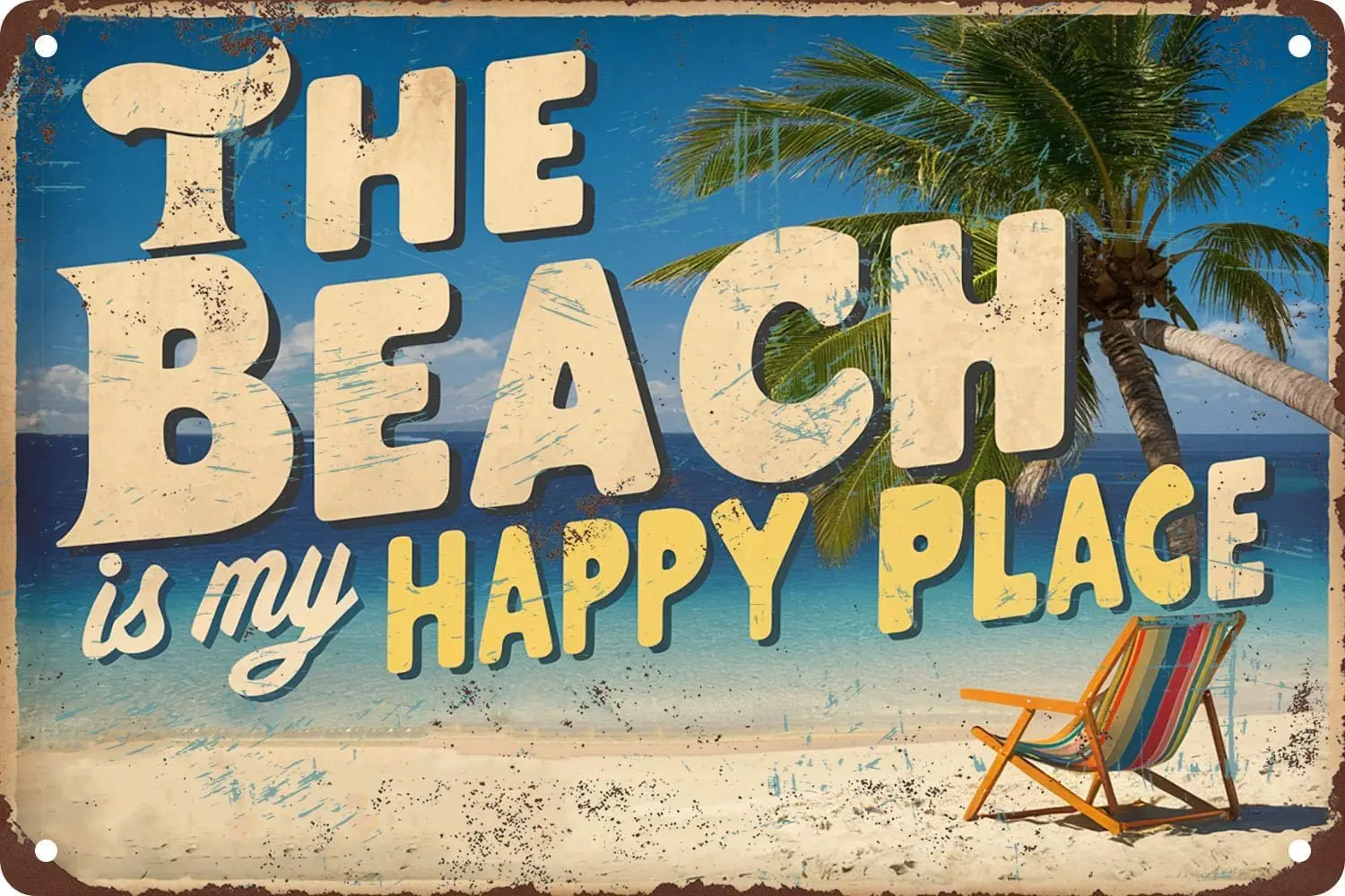 The Beach is My Happy Place Metall-Blechschild, Strandschild für Bauernhaus, Heimdekoration, Strandthema, Badezimmer, Wanddekoration, Plakette, Poster