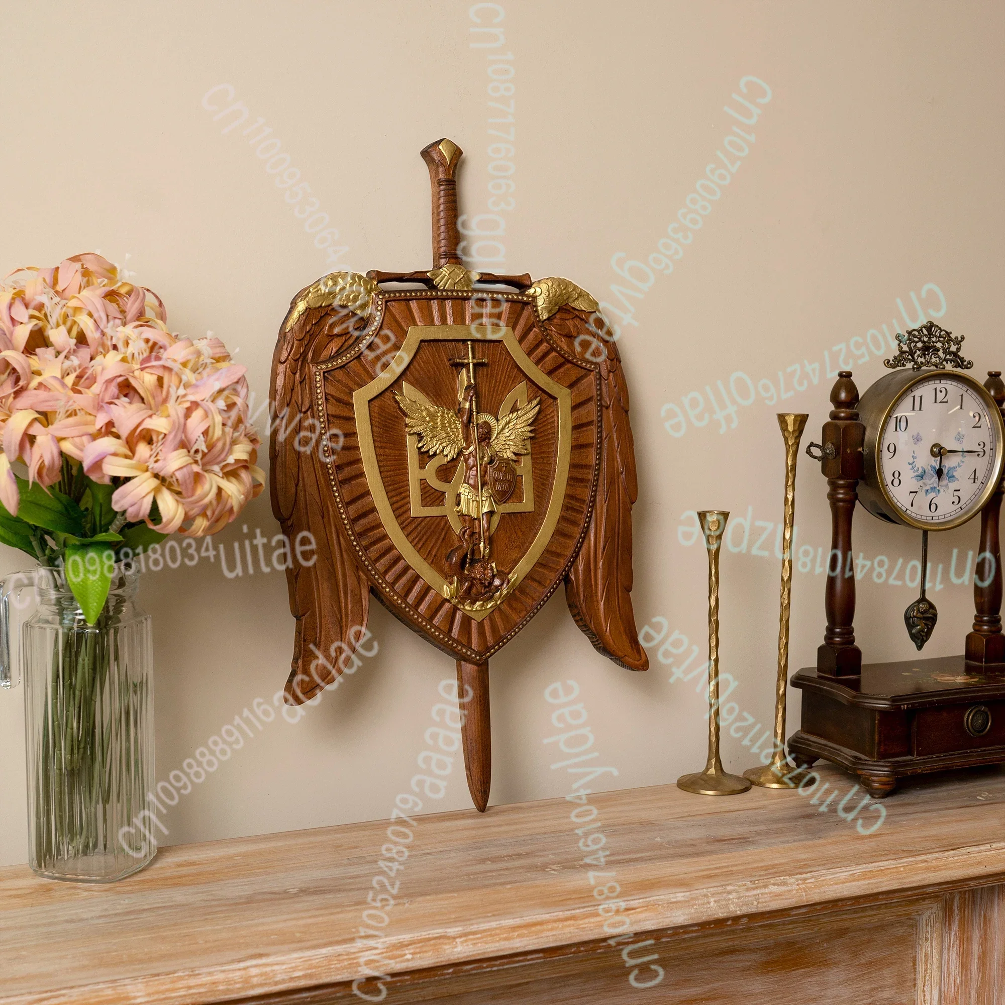 السيف المقدس رئيس الملائكة مايكل شيلد نحت الخشب، ديكور معلق على الحائط المسيحي، فن أيقونة خشبية