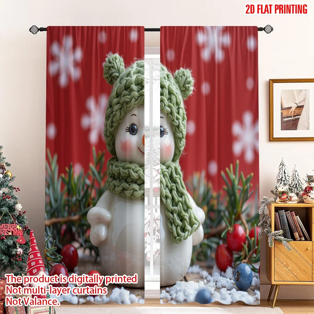 

2pcs 2D flat printing Christmas Party Curtain Cute Snowman Merry Christmas Winter 100% Polyester Fabric Without Electricity