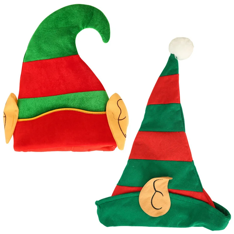 Soft Nonwoven Christmas Elf Hat Suitable for Most People Red Green Striped Hat with White Pom Pom Elf Ears Christmas Ornaments