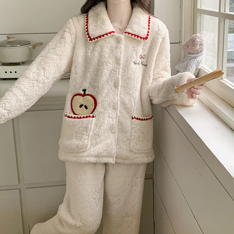 

Women's Coral Fleece Pajamas Fleece-Lined Thickened Keep Warm Long Sleeves Girl's Homewear Loungewear Two-Piece Autumn Winter