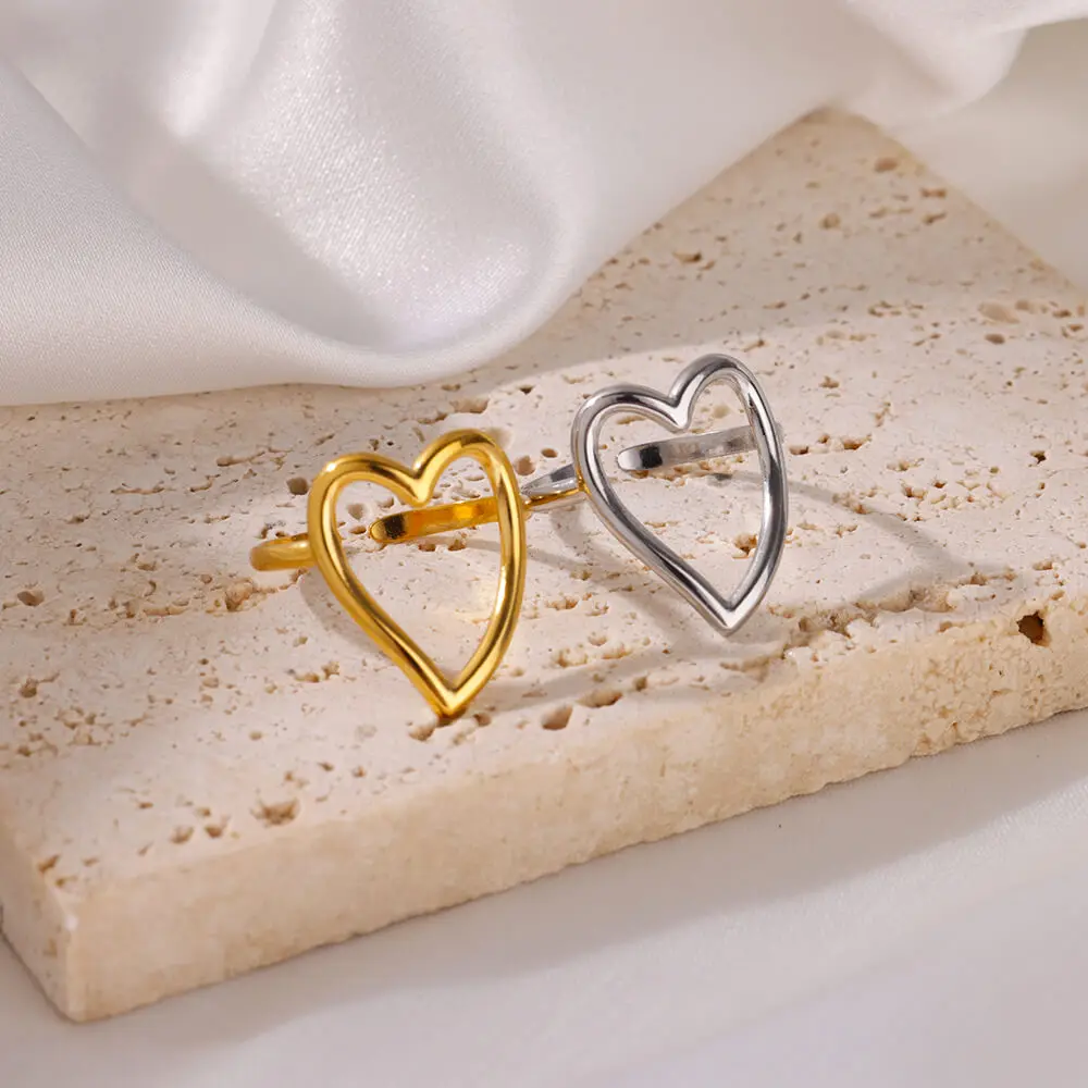 Hollow Heart Rings For Women Gold Color Adjustable Stainless Steel Heart Ring Wedding Party Jewelry Gift 2024 Trend Gift BFF image 4