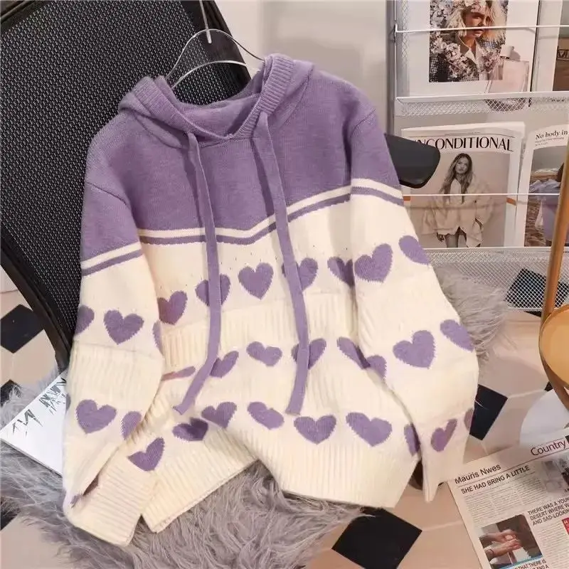 Love Hooded Sweatshirt Knitted Sweater Women's New Style Color Blocked Jacquard Western-style Outerwear Loose Top