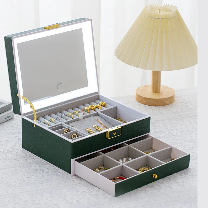 Square PU Leather Jewelry Box With Mirror LED Light Portable Large Capacity Drawer Organizer Travel Gifts for Women