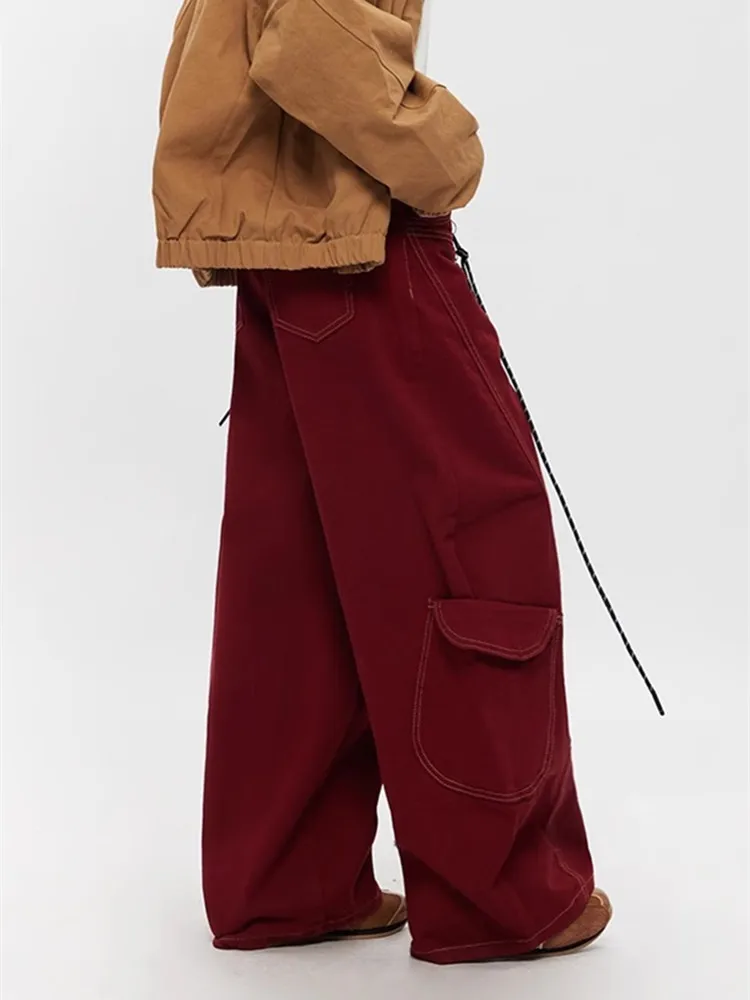 Femmes Cyber Y2K rétro rouge Patchwork Baggy Cargo jean haute rue Vintage jambe large Denim pantalon Streetwear pantalon ample