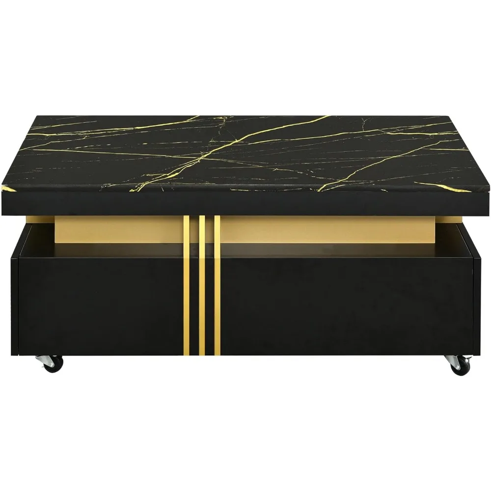 Coffee Table with Faux Marble Top, Modern Center Table with 2 Drawers & Caster Wheels, Contemporary Luxury Cocktail Table with