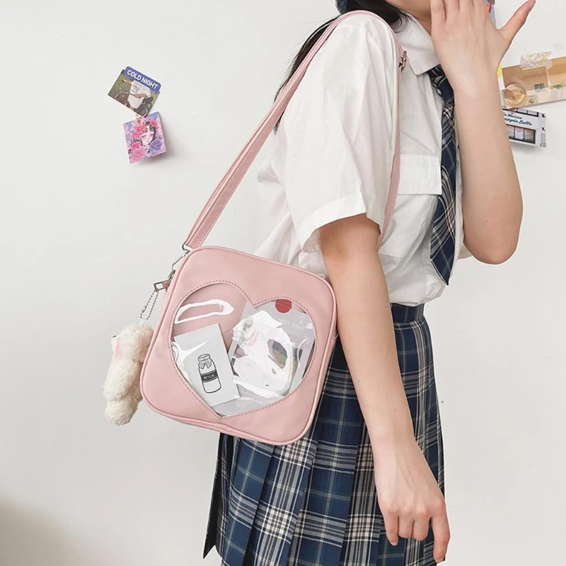 PU Square Messenger Bags Casual Clear Heart Shaped Shoulder Bag Women School Bags PU Leather Purse Ita Bag