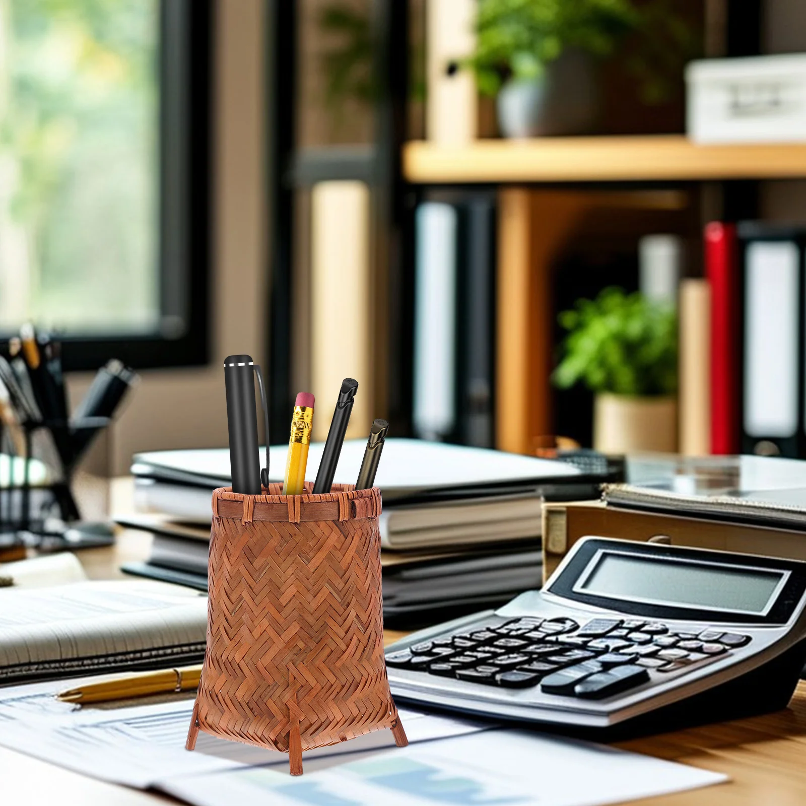 

Wooden Pen Holder Solid Desktop Organizer Pencil Storage Makeup Brush Container Wicker Wastebasket Stationary Pot