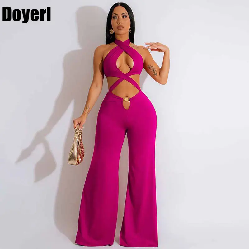 

Sexy Halter Hollow Out Bandage Rompers Womens Jumpsuit Wide Leg Pants Elegant Off Shoulder Backless Overalls Night Club Outfit