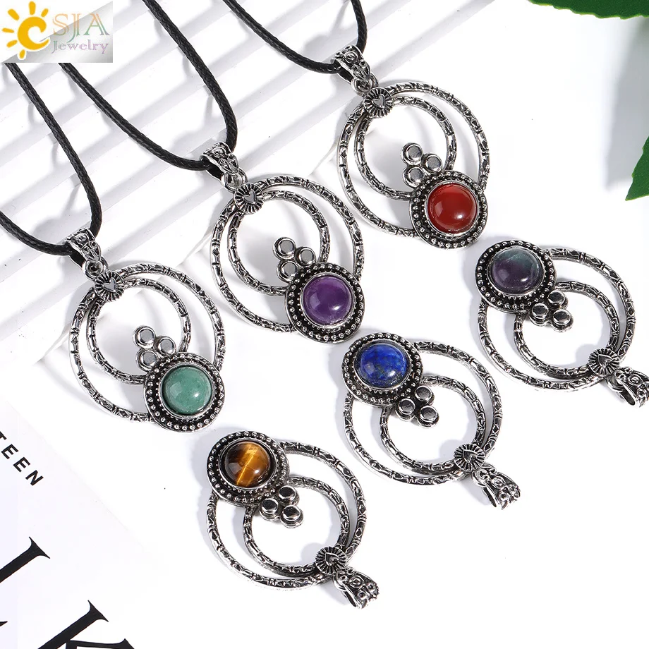 CSJA Vintage Amethyst Kristall Halskette Anhänger Runde Natürliche Edelstein Schmuck für Männer und Frauen Schmuck H675