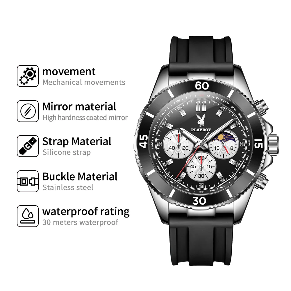 

PLAYBOY 3512 Хронограф, многофункциональные кварцевые часы, водонепроницаемые, спортивные, повседневные, светящиеся, с фазами Луны, наручные часы с силиконовым ремешком