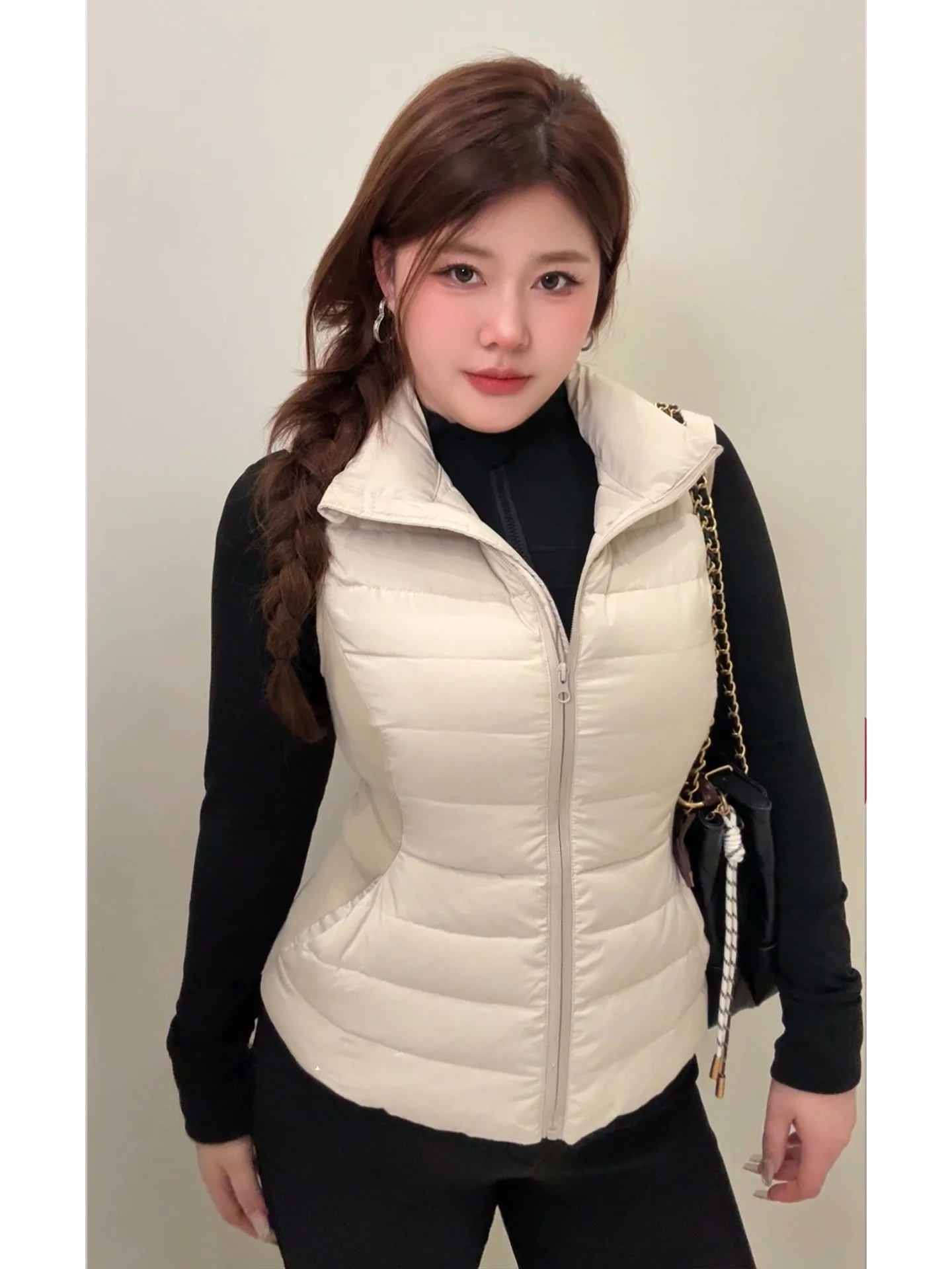 

Warm Fce down Vest Women's Outerwear Autumn Winter Thiened High Waist Zipper Closure Casual Sle plus Size Slimming Effect