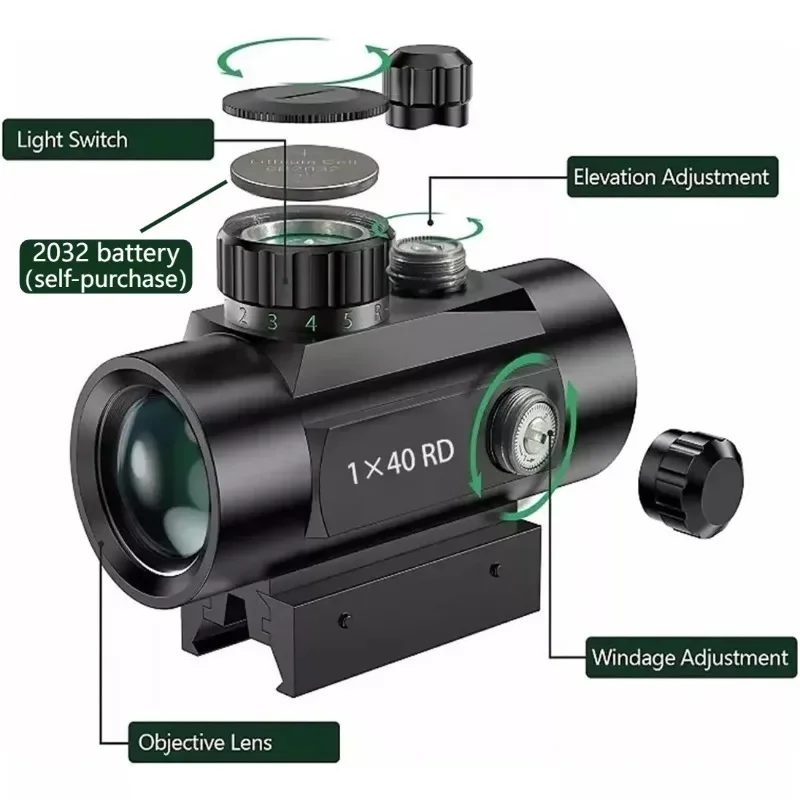 Celownik kolimatorowy Red Green Dot 1X40, metalowa obudowa, celownik punktowy czerwono-zielony, 5 poziomów jasności, pasuje do akcesoriów do pistoletów zabawkowych 11mm/20mm