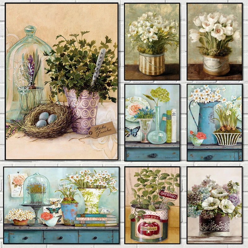 1 pieza de pintura de diamante sin marco, diseño de flor vintage, estilo nórdico minimalista, póster e impresión de acuarela, estilo europeo Pastora