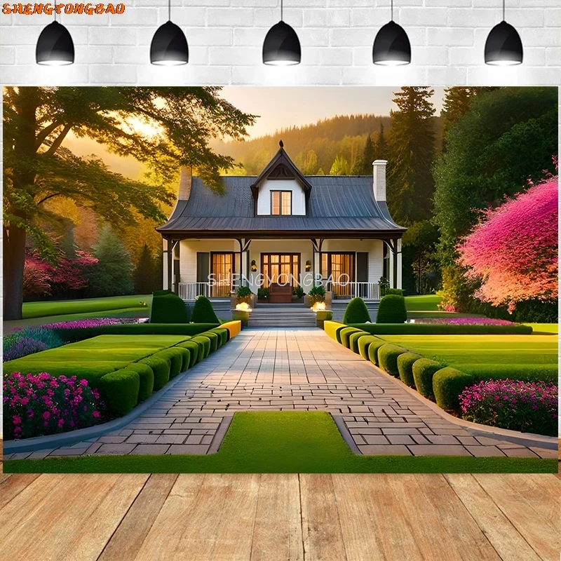 

Country House With Fenced Yard Photography Backdrop Props Beautiful Garden Villa Theme Photo Studio Background HY-01
