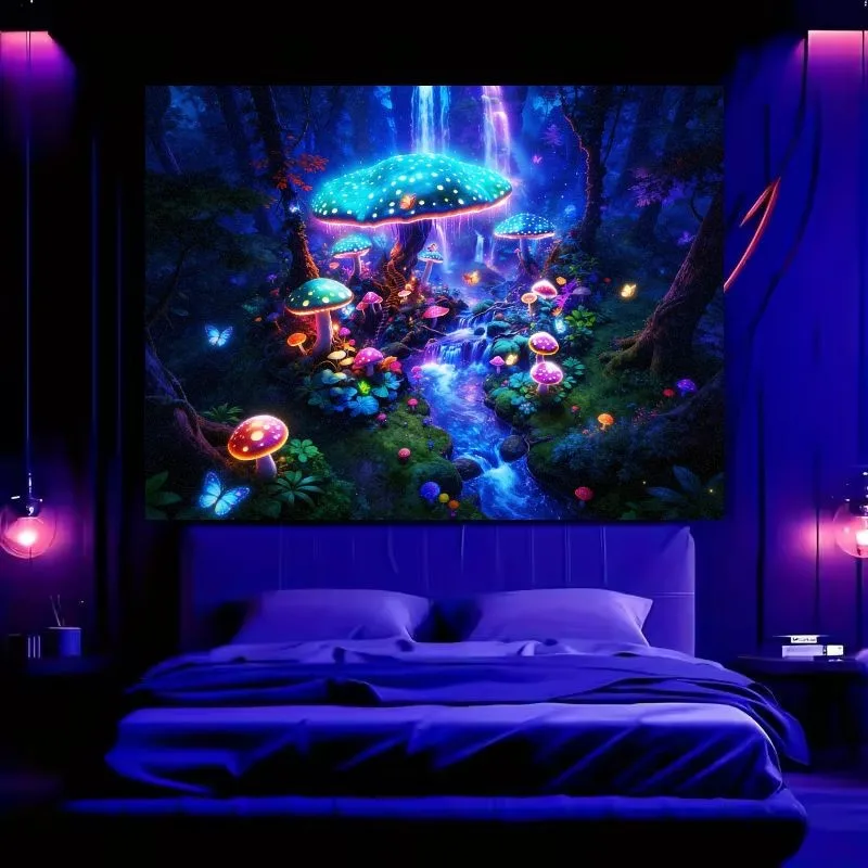 VIKAMA Psychedelic Fantasy Mushroom Tapestry Enchanted Forest Waterfall Wall Hanging Aesthetic Decor Bedroom Dorm Room