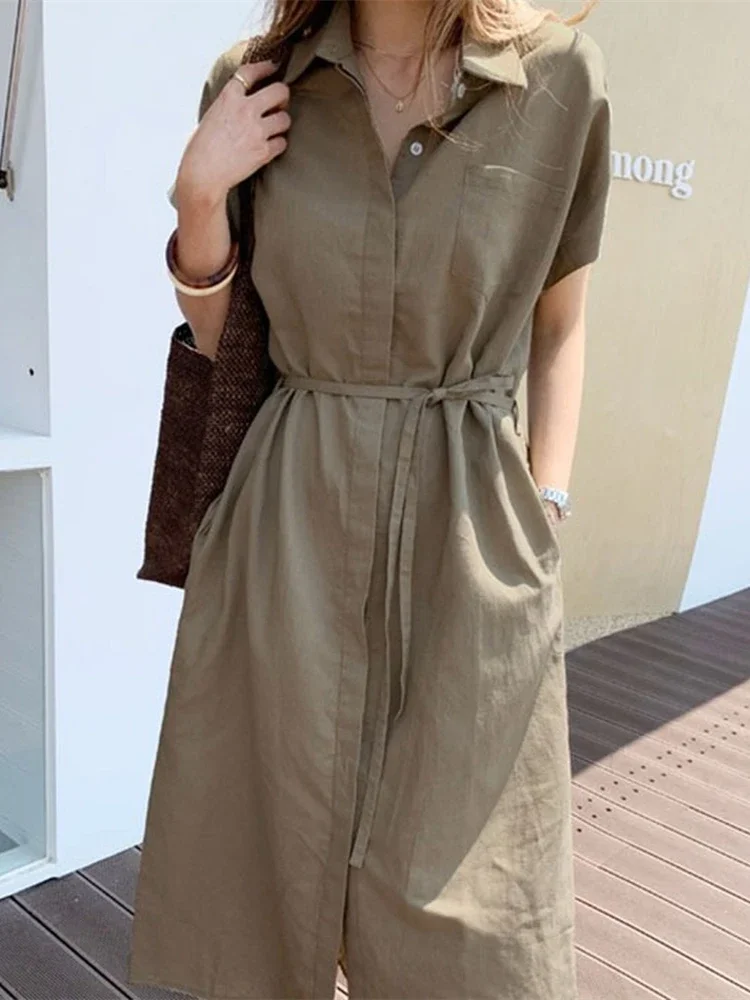 Zomer Vrouwen Jurk Shirt Jurk Lange Avond Vrouwelijke Vintage Maxi Party Oversize Strand Vrouw Jurken Casual Elegante Prom Groen