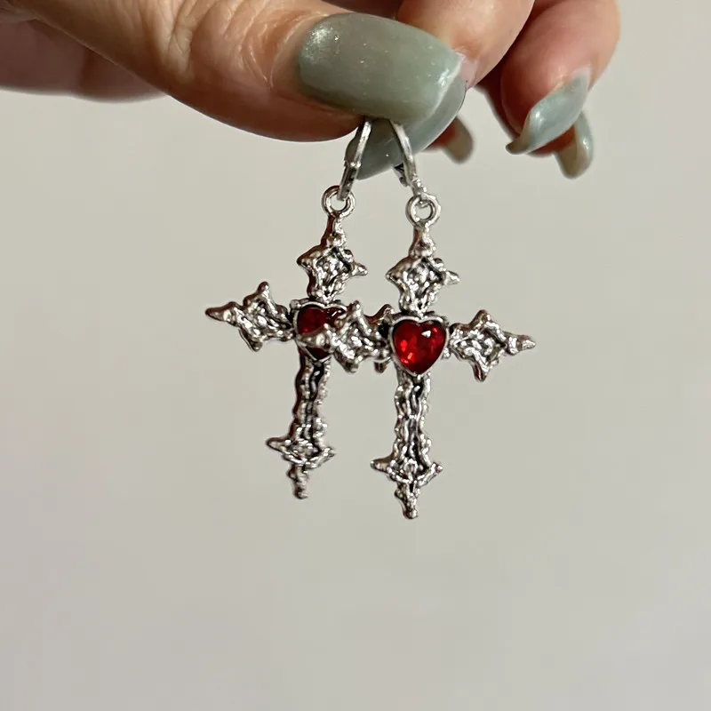 Gothic Punk Heart Cross Earrings with Black Crystal Pendant Chainmail Links - Alternative Grunge Jewelry for Women And Men