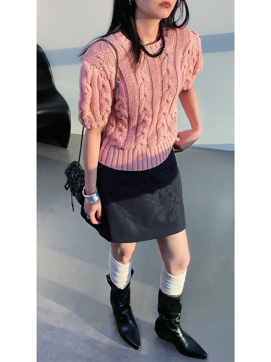 

Korean Sle ort Sve Knitted Sweater Women's Spring New Faion Simple Pure Color Twist Weave ort Top Commute Sle