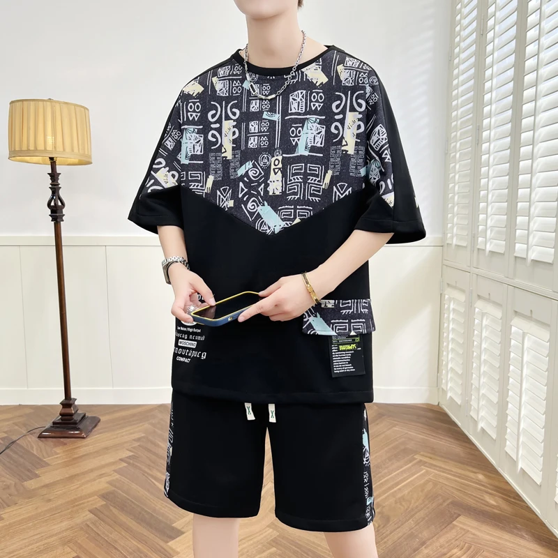 

New 2024 Summer T-Shirts And Shorts Men's Sets Outwear Loose Two-Piece Tracksuits Clothing Short Sleeve Top Tee&Knee-Length Pant