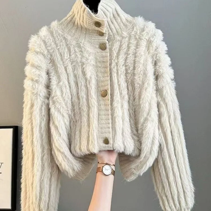 Chic Fluffy Cardigan Women's Clothing Trends Sweater Autumn Winter Coats Long Sleeve Single-breasted Jacket Faux Mink Fur New