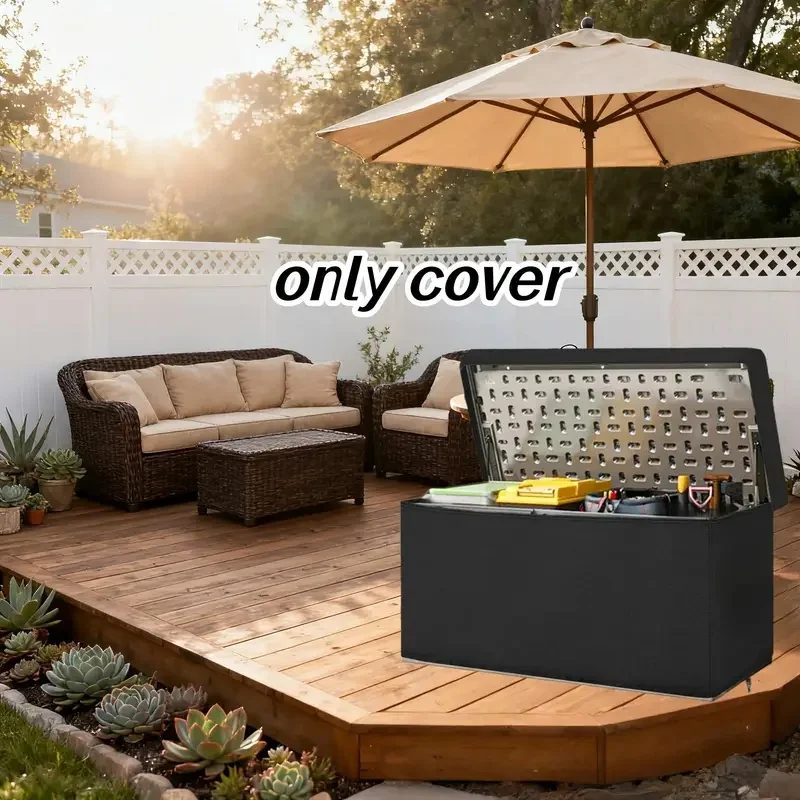 Heavy-Duty Black Oxford Fabric Outdoor Storage Box Cover with Zippered Lid & Drawstring Closure