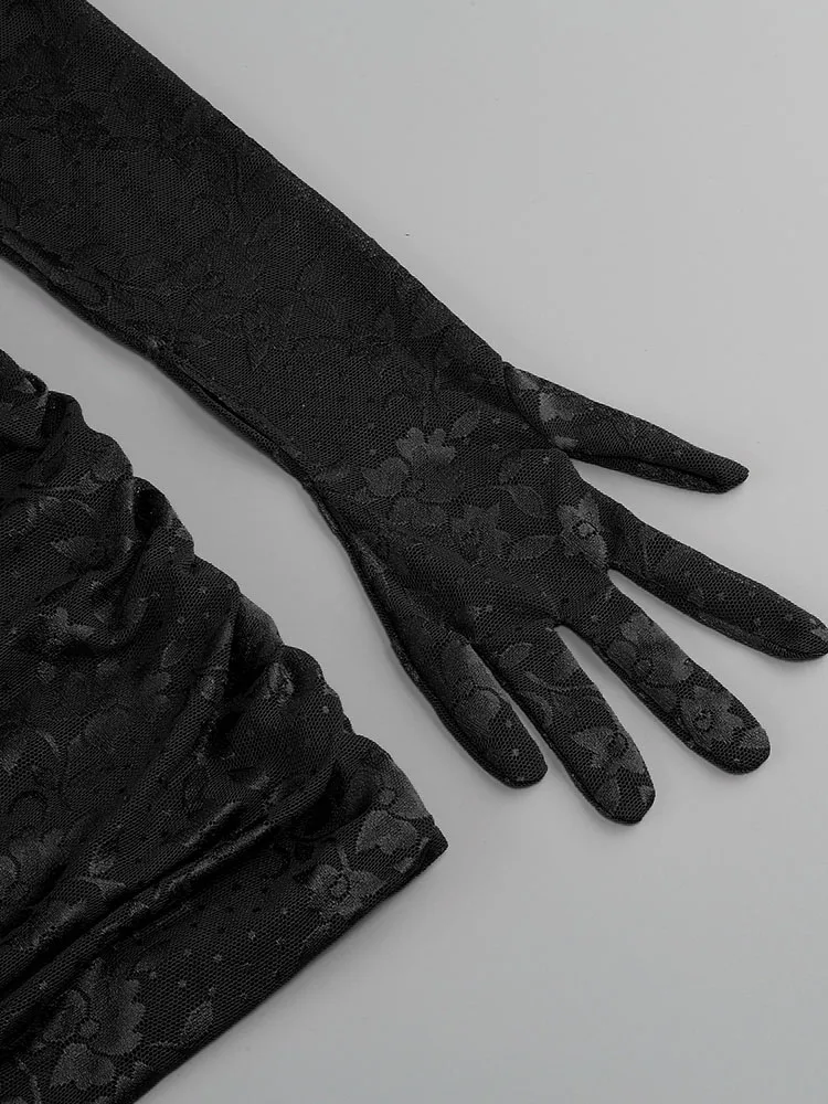 Sexy Spitze Drapiertes, figurbetontes Minikleid für Damen, schwarze Handschuhe, lange Ärmel, Spitze, Blumenkleider, Nachtclub, Party, Promi-Geburtstagskleider
