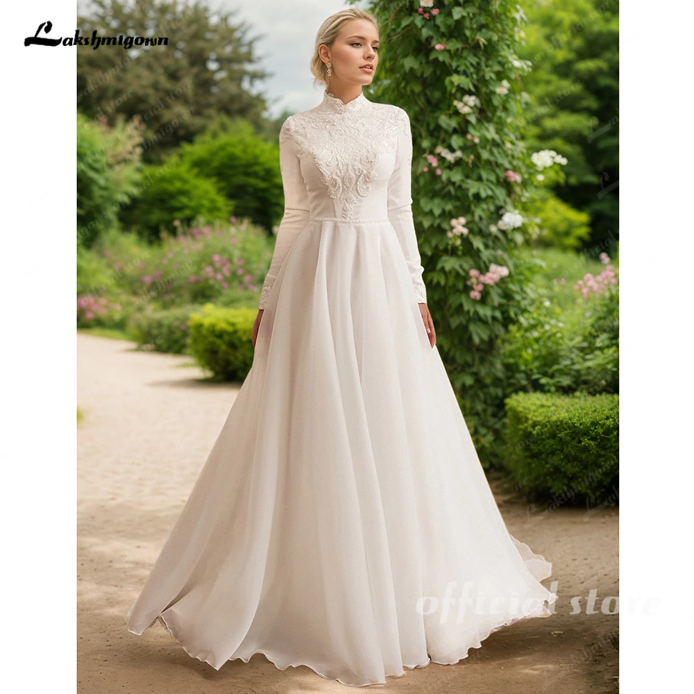 

Lakshmigown Arabian Wedding Dress High Neck Long Sleeves Beading Applique A Line Organza Skirt Muslim Bridal Gown Customized