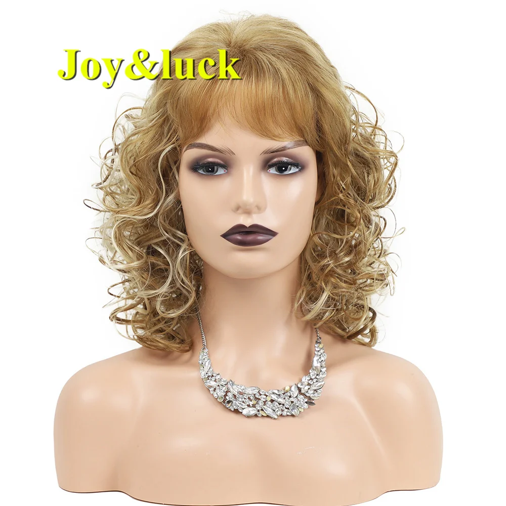 

Synthetic Short Blonde Curly With Bangs Wigs For Women Natural Curls Shoulder Length Daily Female Hair Wig