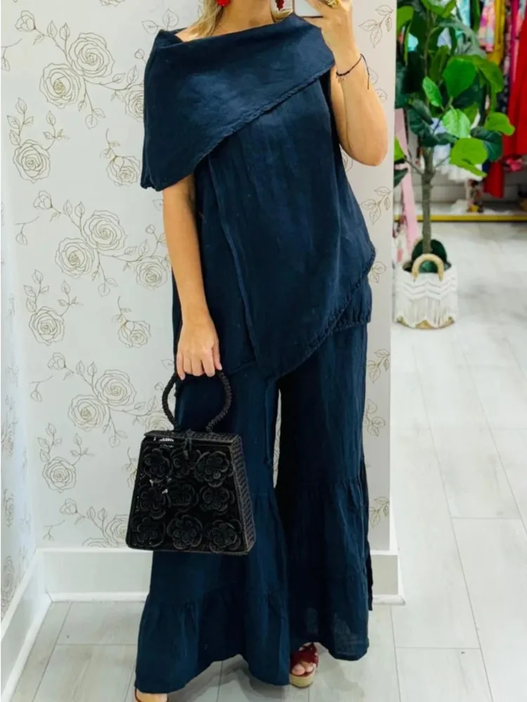 Moda feminina confortável casual solto terno primavera e outono elegante em torno do pescoço superior calças de deslocamento de perna larga conjunto de duas peças