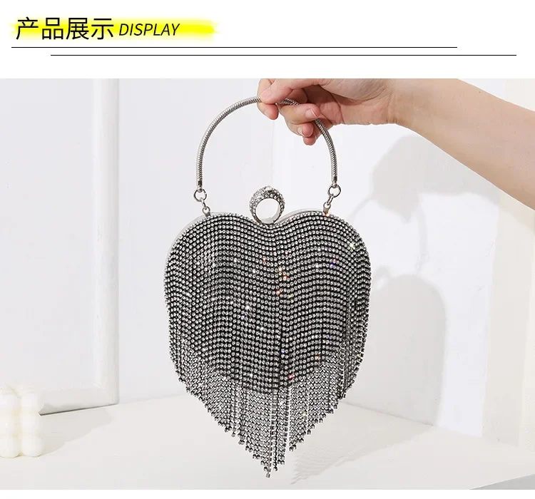 Damen-Handtasche mit silbernem Strass-Herzmuster, Diamant-Quaste, Bankett-Clutch, Hochzeits-Braut-Abendtasche – Detail 1