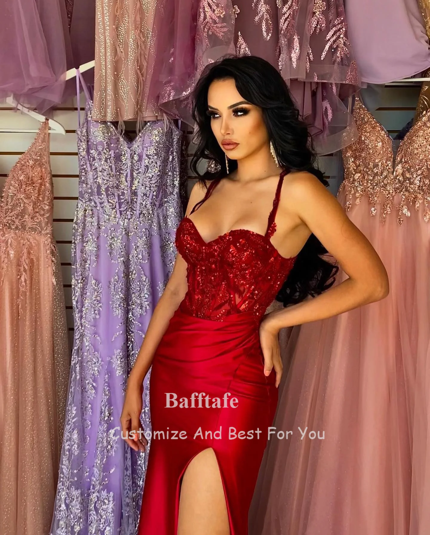 Bafftafe Red Mermaid Evening Dresses Sequin Spaghetti Straps High Slit Long Customized Formal Wedding Party Gowns Prom Dress